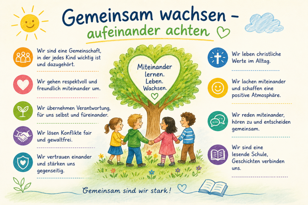 Gemeinsam wachsen – aufeinander achten Wir sind eine Gemeinschaft, in der jedes Kind wichtig ist und dazugehört. Wir gehen respektvoll und freundlich miteinander um. Wir übernehmen Verantwortung, für uns selbst und füreinander. Wir lösen Konflikte fair und gewaltfrei. Wir vertrauen einander und stärken uns gegenseitig. Wir leben christliche Werte im Alltag. Wir lachen miteinander und schaffen eine positive Atmosphäre. Wir reden miteinander, hören zu und entscheiden gemeinsam. Wir sind eine lesende Schule, Geschichten verbinden uns