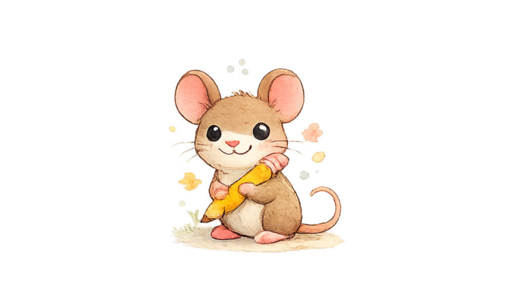 Eine braune Maus die einen großen gelben Bleistift in der Hand hält.